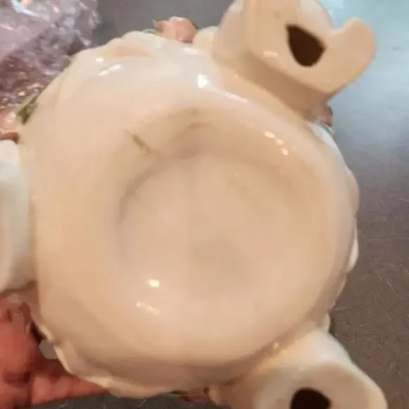 Easter Bunny With Pink Roses Gold Edged Bowl Candy Dish Flower Pot Decor - Picture 3 of 5